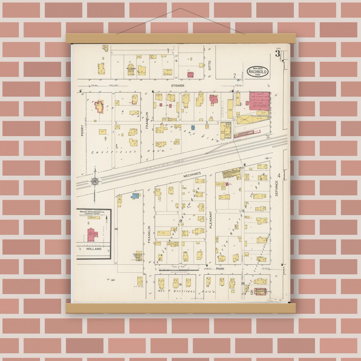 Old map wall art mockup — magnetic wood frame on brick wall — Sanborn Fire Insurance Map from Archbold, Fulton County, Ohio (1922), Sheet #0003