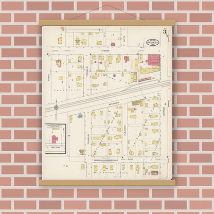 Old map wall art mockup — magnetic wood frame on brick wall — Sanborn Fire Insurance Map from Archbold, Fulton County, Ohio (1922), Sheet #0003