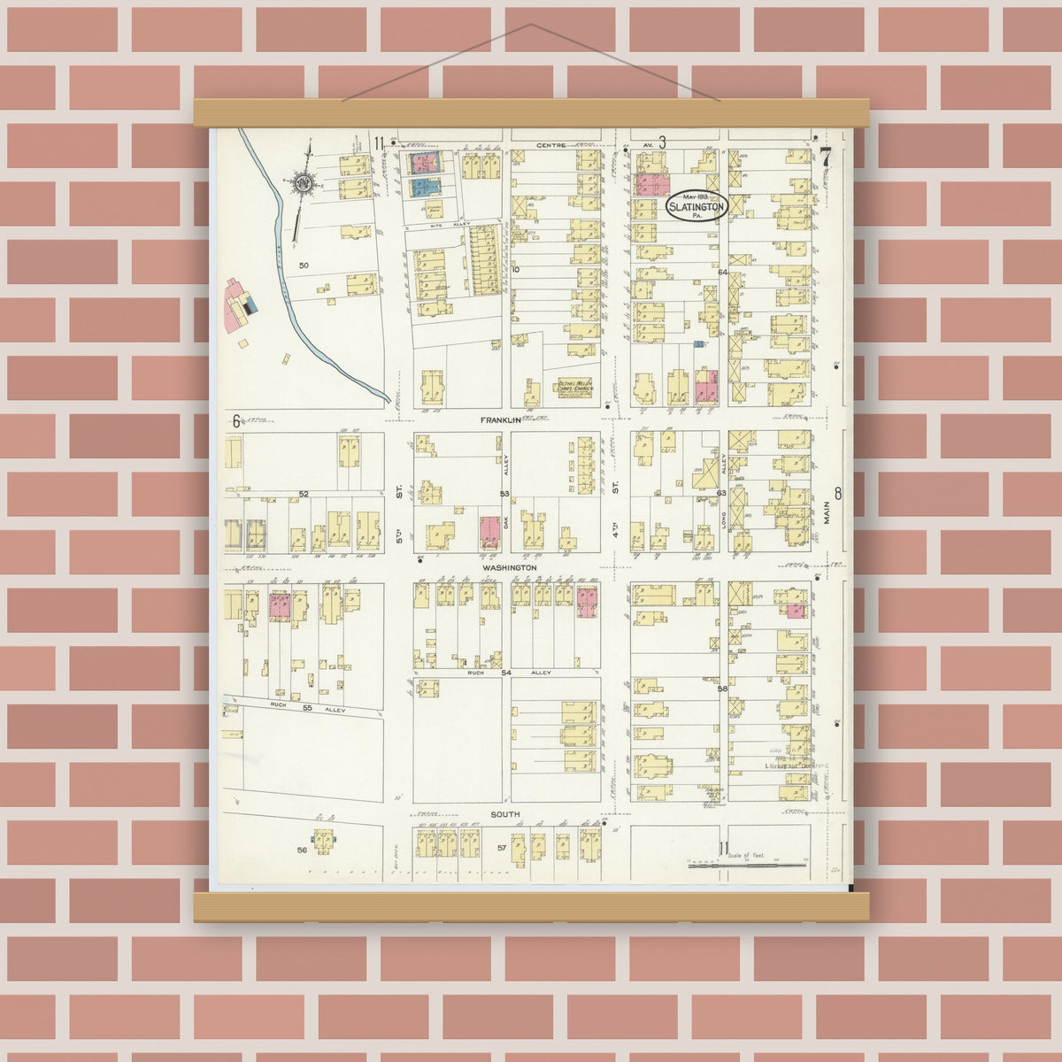Old map wall art mockup — magnetic wood frame on brick wall — Sanborn Fire Insurance Map from Slatington, Lehigh County, Pennsylvania (1913), Sheet #0007