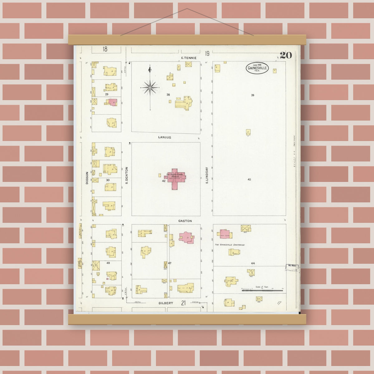 Old map wall art mockup — magnetic wood frame on brick wall — Sanborn Fire Insurance Map from Gainesville, Cooke County, Texas (1908), Sheet #0020