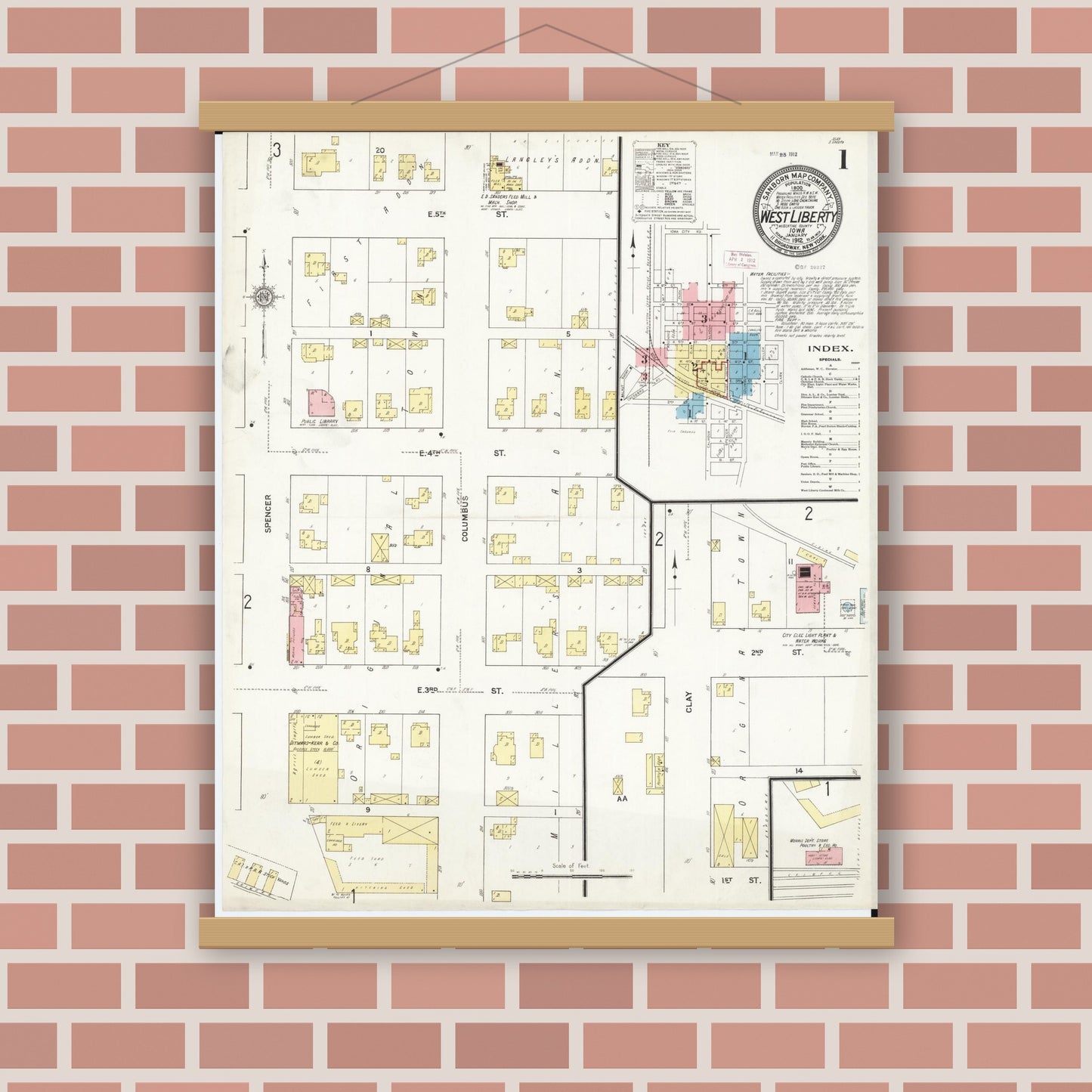 Old map wall art mockup — magnetic wood frame on brick wall — Sanborn Fire Insurance Map from West Liberty, Muscatine County, Iowa (1912) â€” Complete Set
