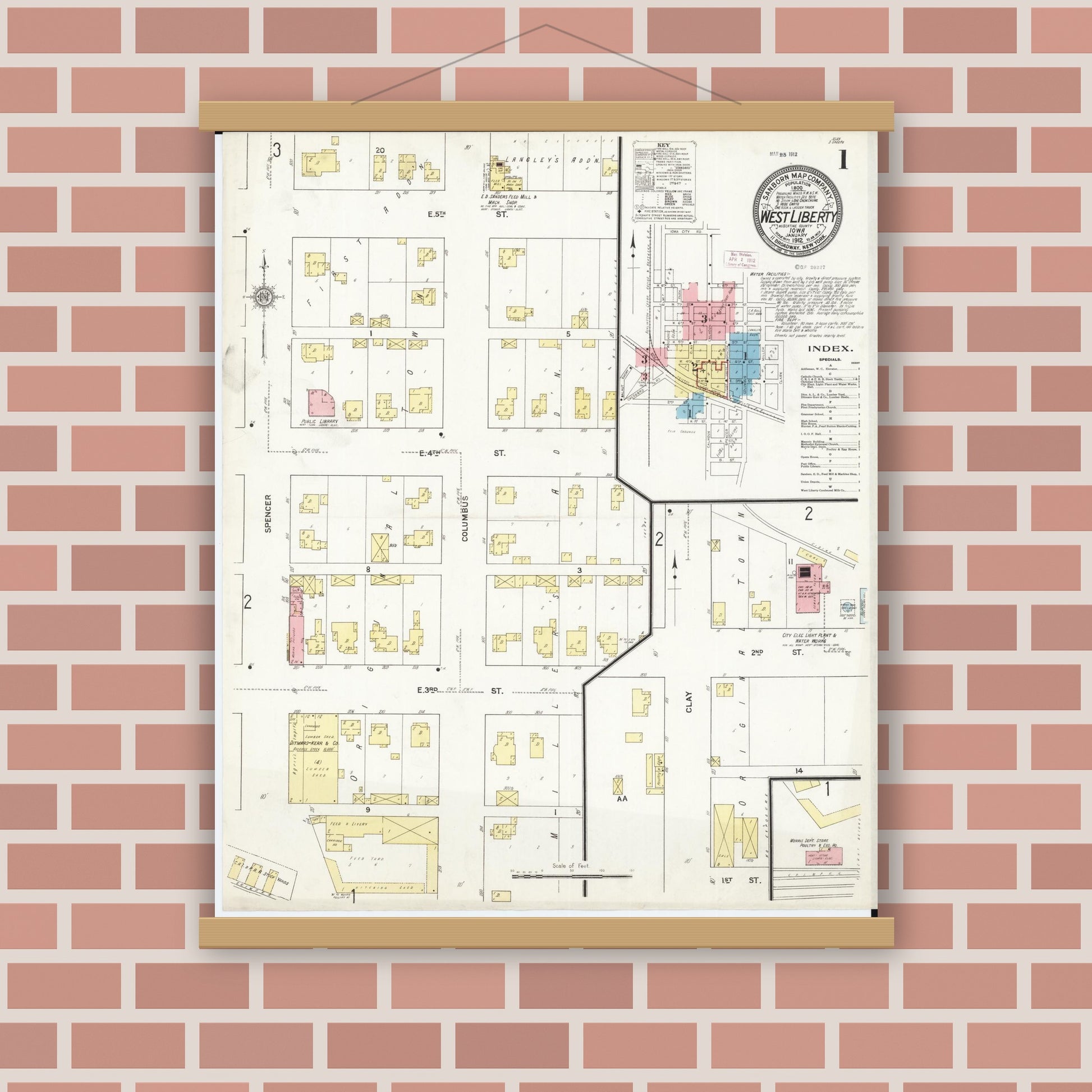 Old map wall art mockup — magnetic wood frame on brick wall — Sanborn Fire Insurance Map from West Liberty, Muscatine County, Iowa (1912) â€” Complete Set
