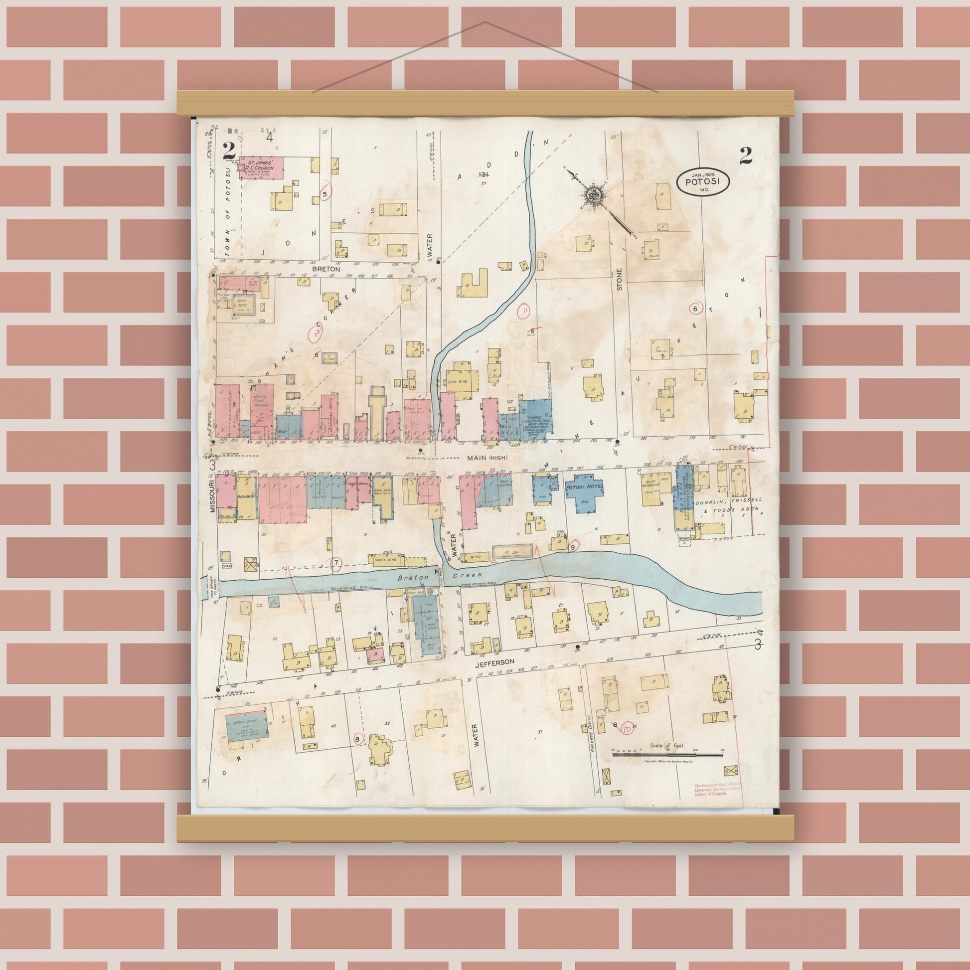 Old map wall art mockup — magnetic wood frame on brick wall — Sanborn Fire Insurance Map from Potosi, Washngton County, Missouri (1942), Sheet #0002
