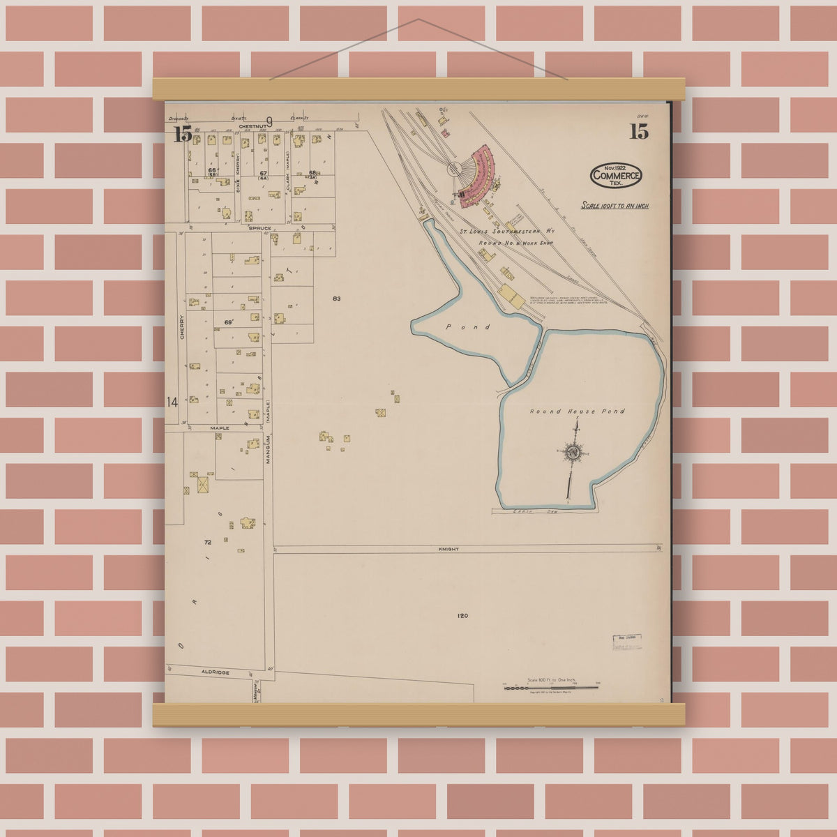 Old map wall art mockup — magnetic wood frame on brick wall — Sanborn Fire Insurance Map from Commerce, Hunt County, Texas (1922), Sheet #0015