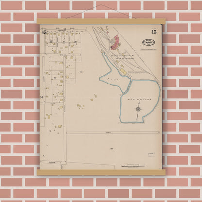 Old map wall art mockup — magnetic wood frame on brick wall — Sanborn Fire Insurance Map from Commerce, Hunt County, Texas (1922), Sheet #0015