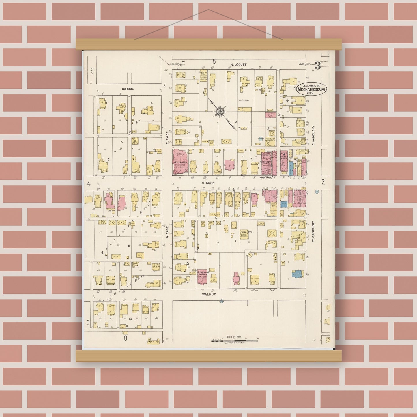 Old map wall art mockup — magnetic wood frame on brick wall — Sanborn Fire Insurance Map from Mechanicsburg, Champaign County, Ohio (1921), Sheet #0003