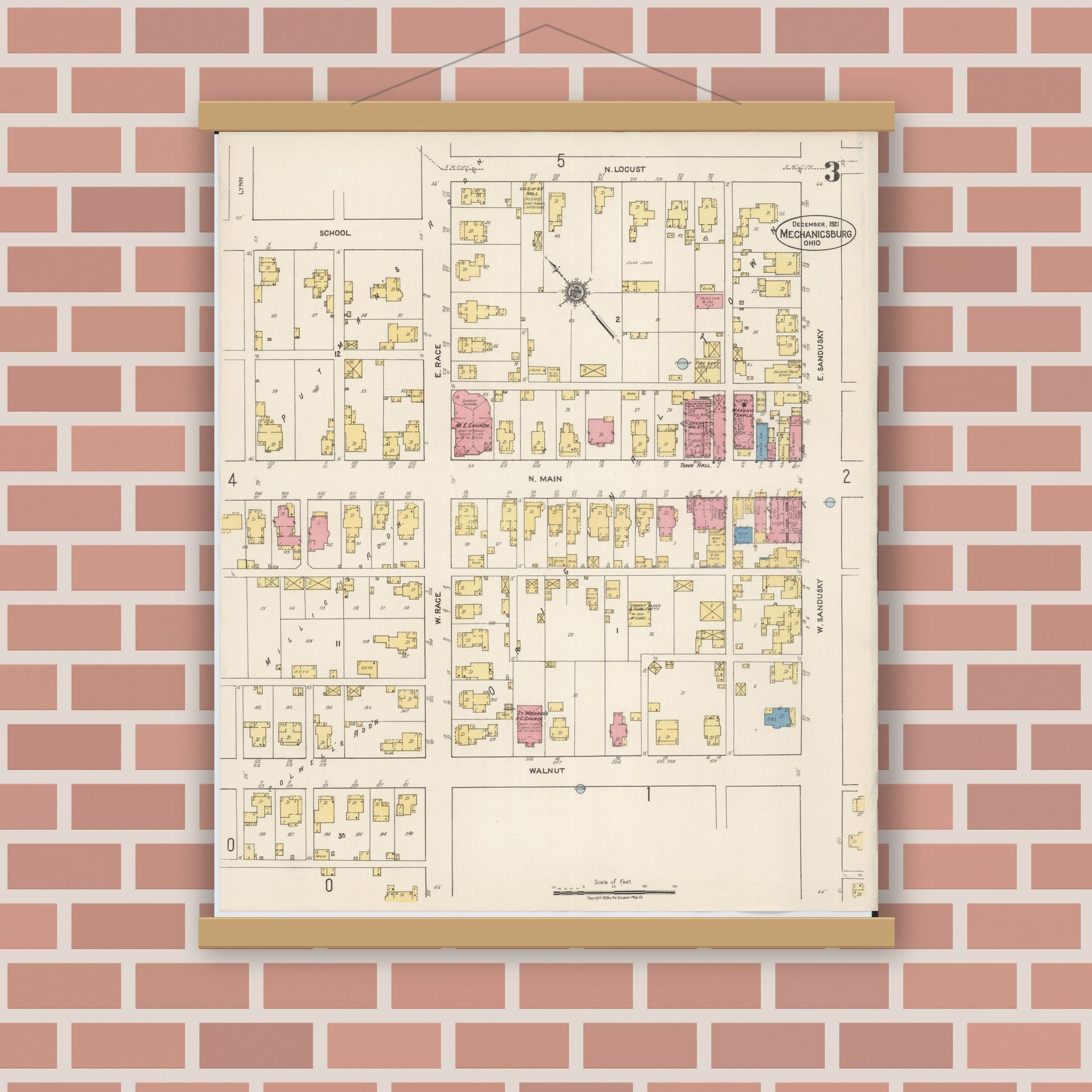 Old map wall art mockup — magnetic wood frame on brick wall — Sanborn Fire Insurance Map from Mechanicsburg, Champaign County, Ohio (1921), Sheet #0003
