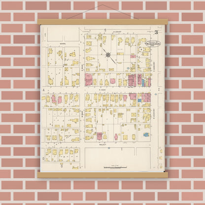 Old map wall art mockup — magnetic wood frame on brick wall — Sanborn Fire Insurance Map from Mechanicsburg, Champaign County, Ohio (1921), Sheet #0003
