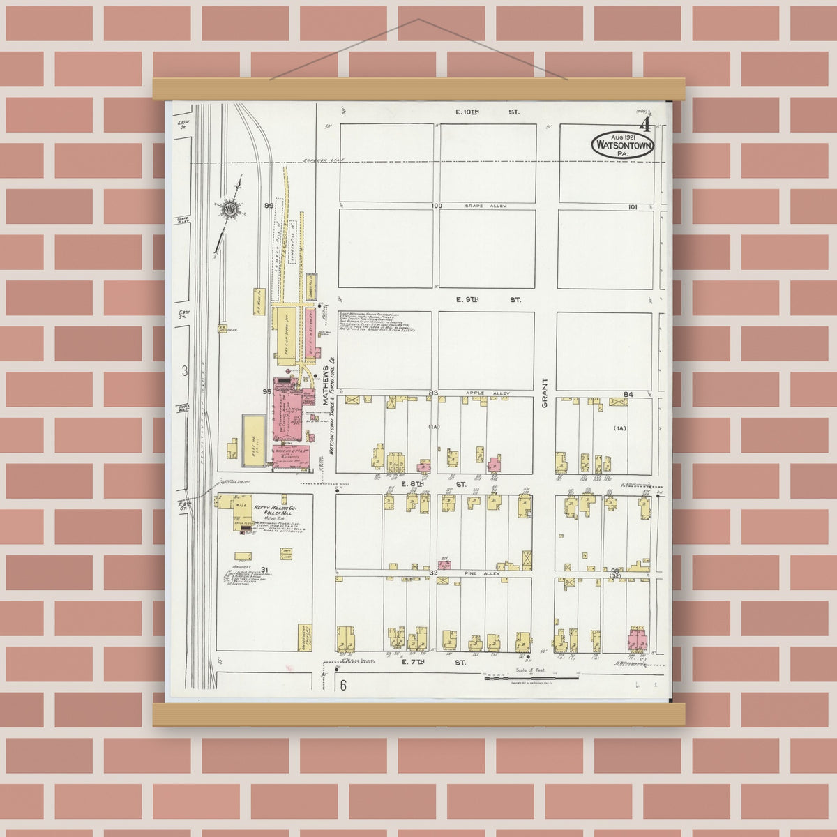 Old map wall art mockup — magnetic wood frame on brick wall — Sanborn Fire Insurance Map from Watsontown, Northumberland County, Pennsylvania (1921), Sheet #0004
