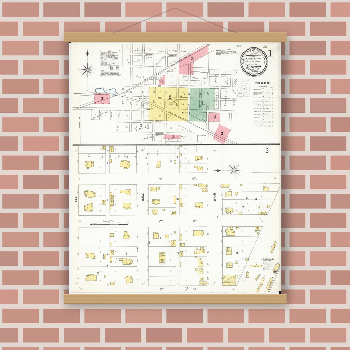 Old map wall art mockup — magnetic wood frame on brick wall — Sanborn Fire Insurance Map from Seymour, Wayne County, Iowa (1900) â€” Complete Set