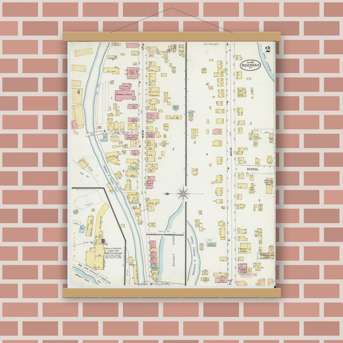 Old map wall art mockup — magnetic wood frame on brick wall — Sanborn Fire Insurance Map from Rosendale, Ulster County, New York (1898), Sheet #0002