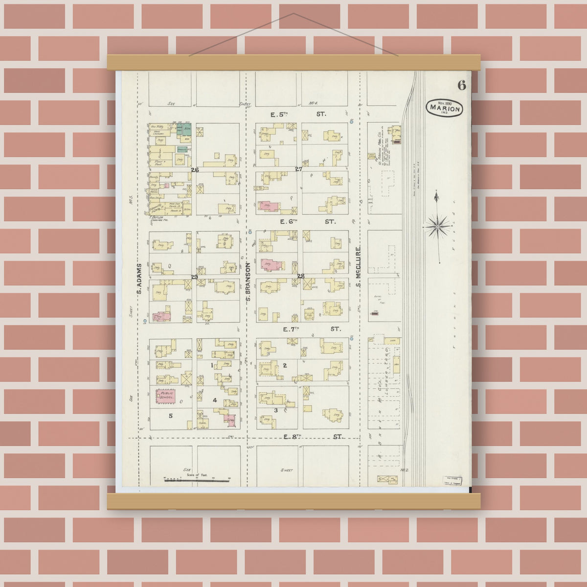Old map wall art mockup — magnetic wood frame on brick wall — Sanborn Fire Insurance Map from Marion, Grant County, Indiana (1890), Sheet #0006