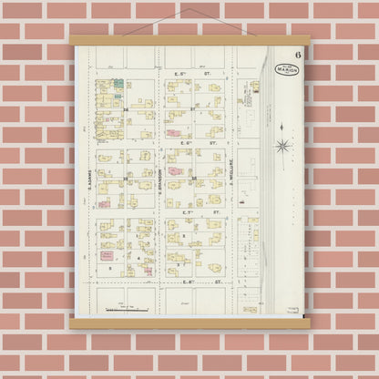 Old map wall art mockup — magnetic wood frame on brick wall — Sanborn Fire Insurance Map from Marion, Grant County, Indiana (1890), Sheet #0006