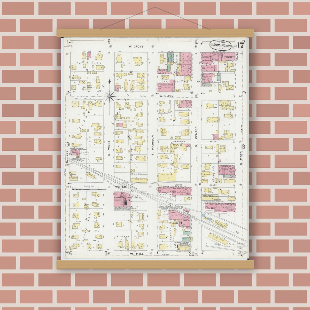 Old map wall art mockup — magnetic wood frame on brick wall — Sanborn Fire Insurance Map from Bloomington, McLean County, Illinois (1896), Sheet #0017