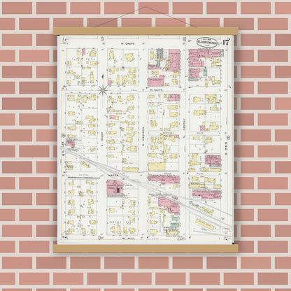 Old map wall art mockup — magnetic wood frame on brick wall — Sanborn Fire Insurance Map from Bloomington, McLean County, Illinois (1896), Sheet #0017