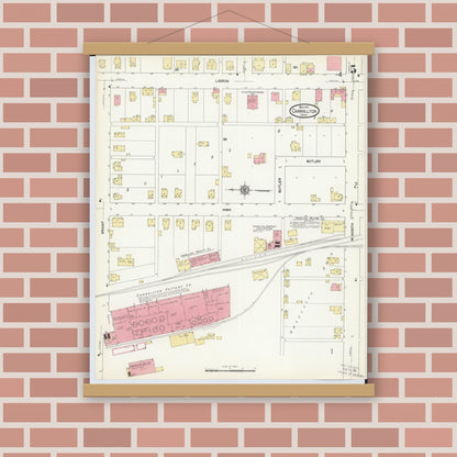Old map wall art mockup — magnetic wood frame on brick wall — Sanborn Fire Insurance Map from Carrollton, Carroll County, Ohio (1911), Sheet #0005