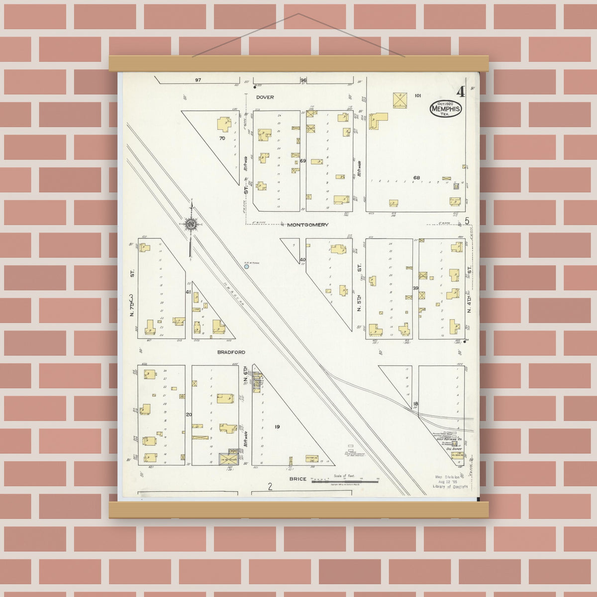 Old map wall art mockup — magnetic wood frame on brick wall — Sanborn Fire Insurance Map from Memphis, Hall County, Texas (1920), Sheet #0004