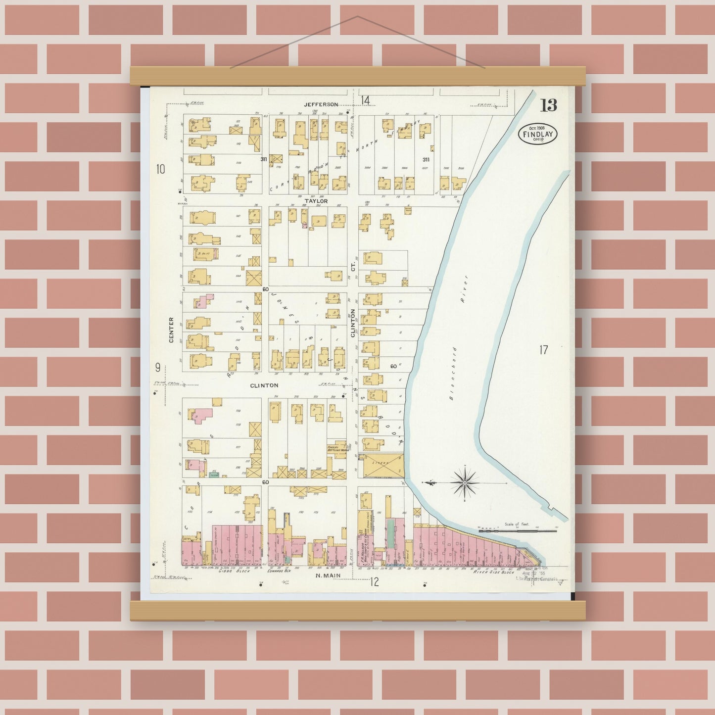 Old map wall art mockup — magnetic wood frame on brick wall — Sanborn Fire Insurance Map from Findlay, Hancock County, Ohio (1908), Sheet #0013