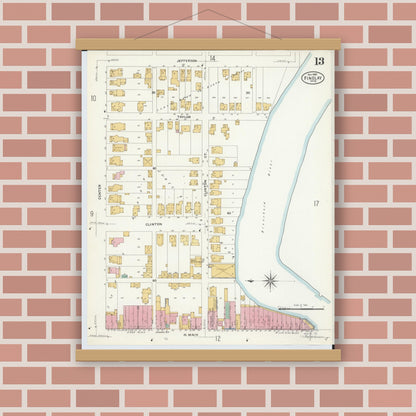 Old map wall art mockup — magnetic wood frame on brick wall — Sanborn Fire Insurance Map from Findlay, Hancock County, Ohio (1908), Sheet #0013