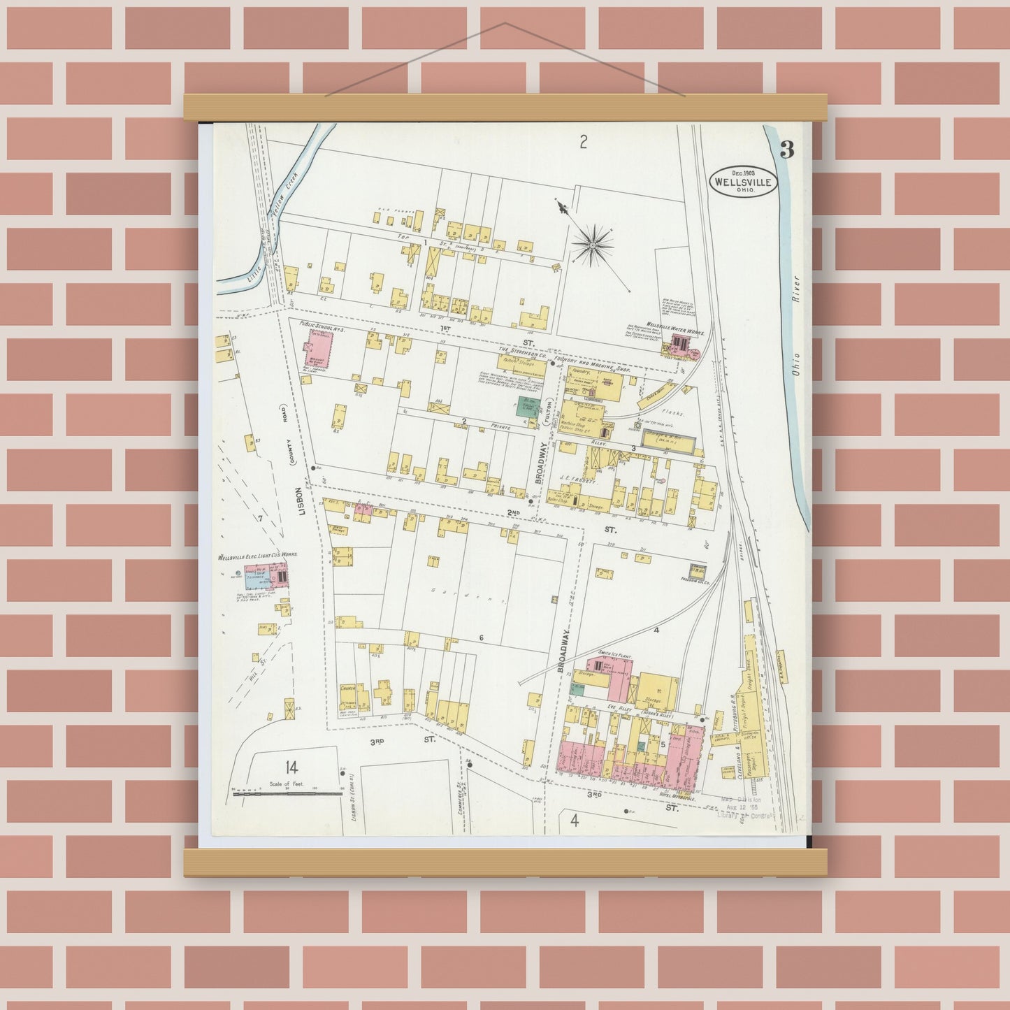 Old map wall art mockup — magnetic wood frame on brick wall — Sanborn Fire Insurance Map from Wellsville, Columbiana County, Ohio (1903), Sheet #0003