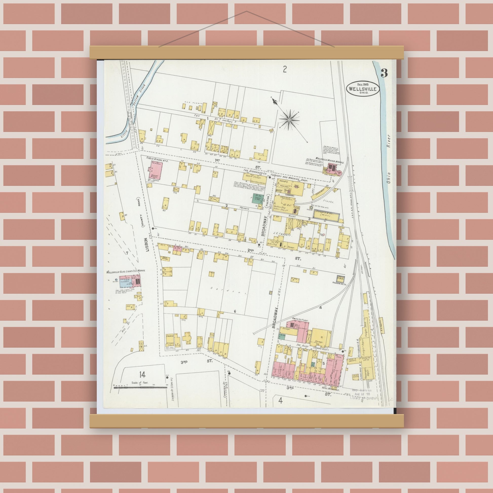 Old map wall art mockup — magnetic wood frame on brick wall — Sanborn Fire Insurance Map from Wellsville, Columbiana County, Ohio (1903), Sheet #0003