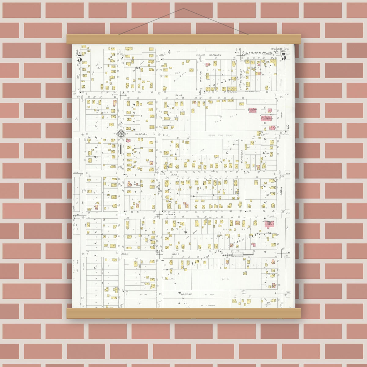 Old map wall art mockup — magnetic wood frame on brick wall — Sanborn Fire Insurance Map from Kewaunee, Kewaunee County, Wisconsin (1933), Sheet #0005