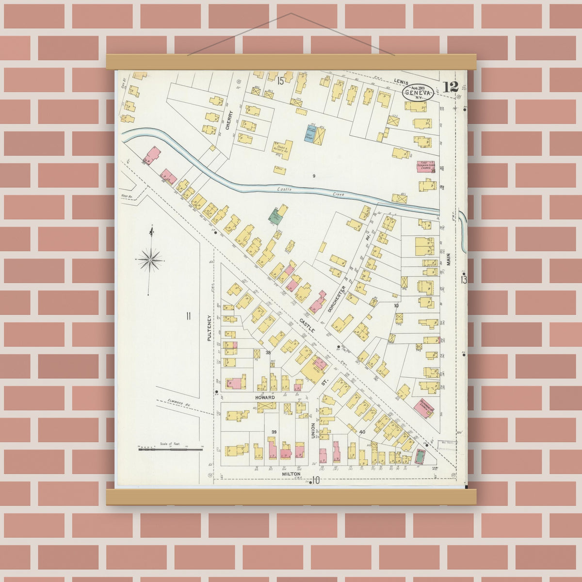 Old map wall art mockup — magnetic wood frame on brick wall — Sanborn Fire Insurance Map from Geneva, Ontario County, New York (1903), Sheet #0012