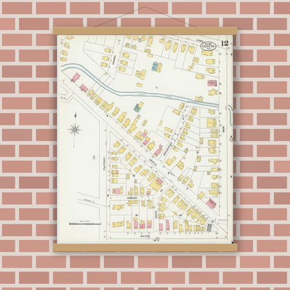 Old map wall art mockup — magnetic wood frame on brick wall — Sanborn Fire Insurance Map from Geneva, Ontario County, New York (1903), Sheet #0012