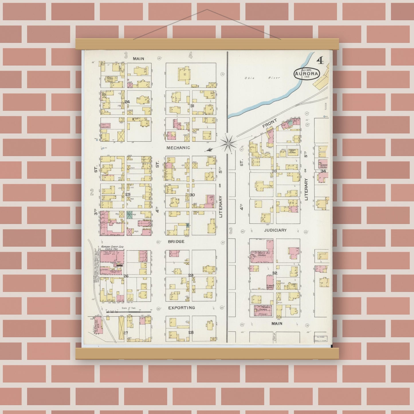 Old map wall art mockup — magnetic wood frame on brick wall — Sanborn Fire Insurance Map from Aurora, Dearborn County, Indiana (1892), Sheet #0004