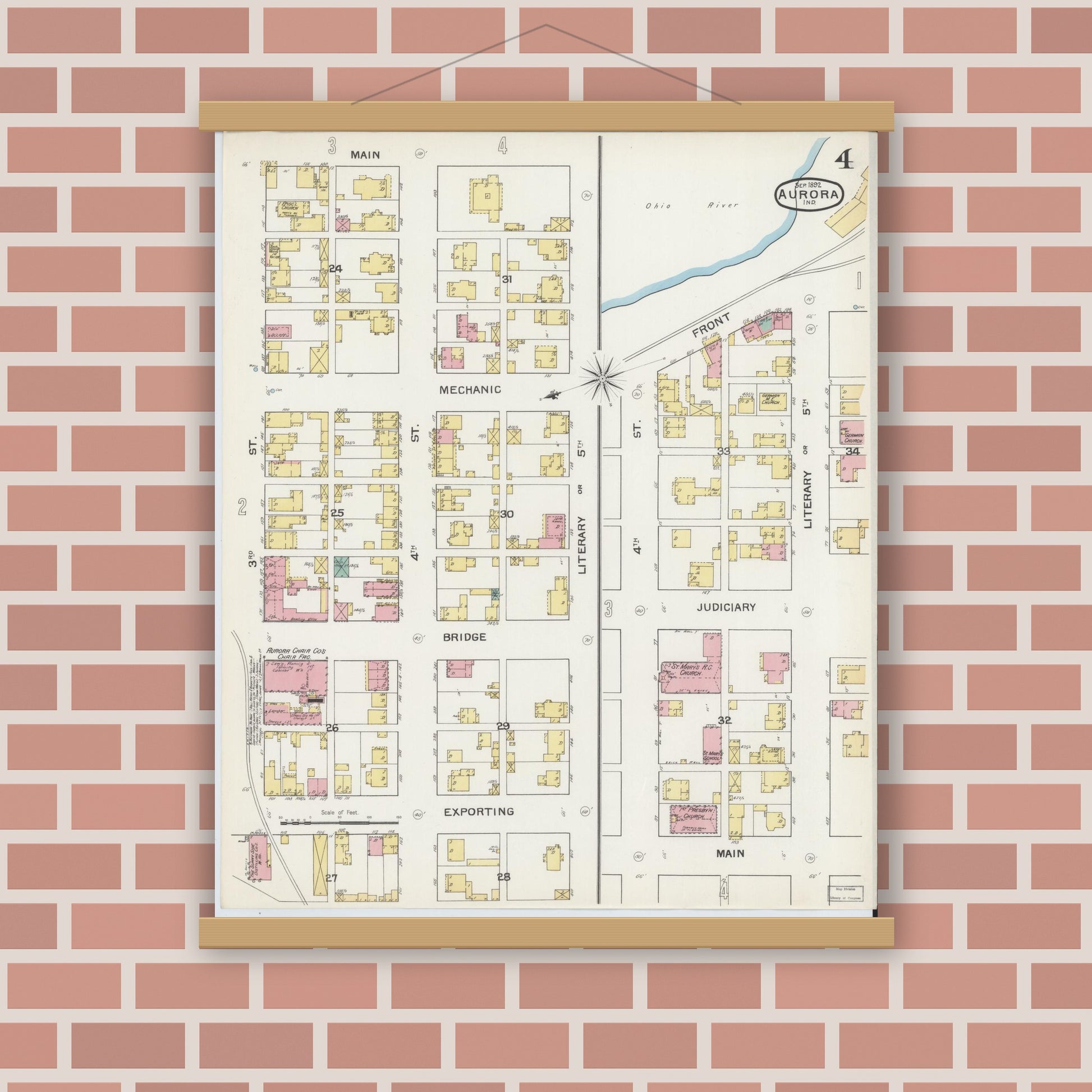 Old map wall art mockup — magnetic wood frame on brick wall — Sanborn Fire Insurance Map from Aurora, Dearborn County, Indiana (1892), Sheet #0004