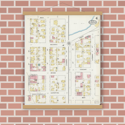 Old map wall art mockup — magnetic wood frame on brick wall — Sanborn Fire Insurance Map from Aurora, Dearborn County, Indiana (1892), Sheet #0004