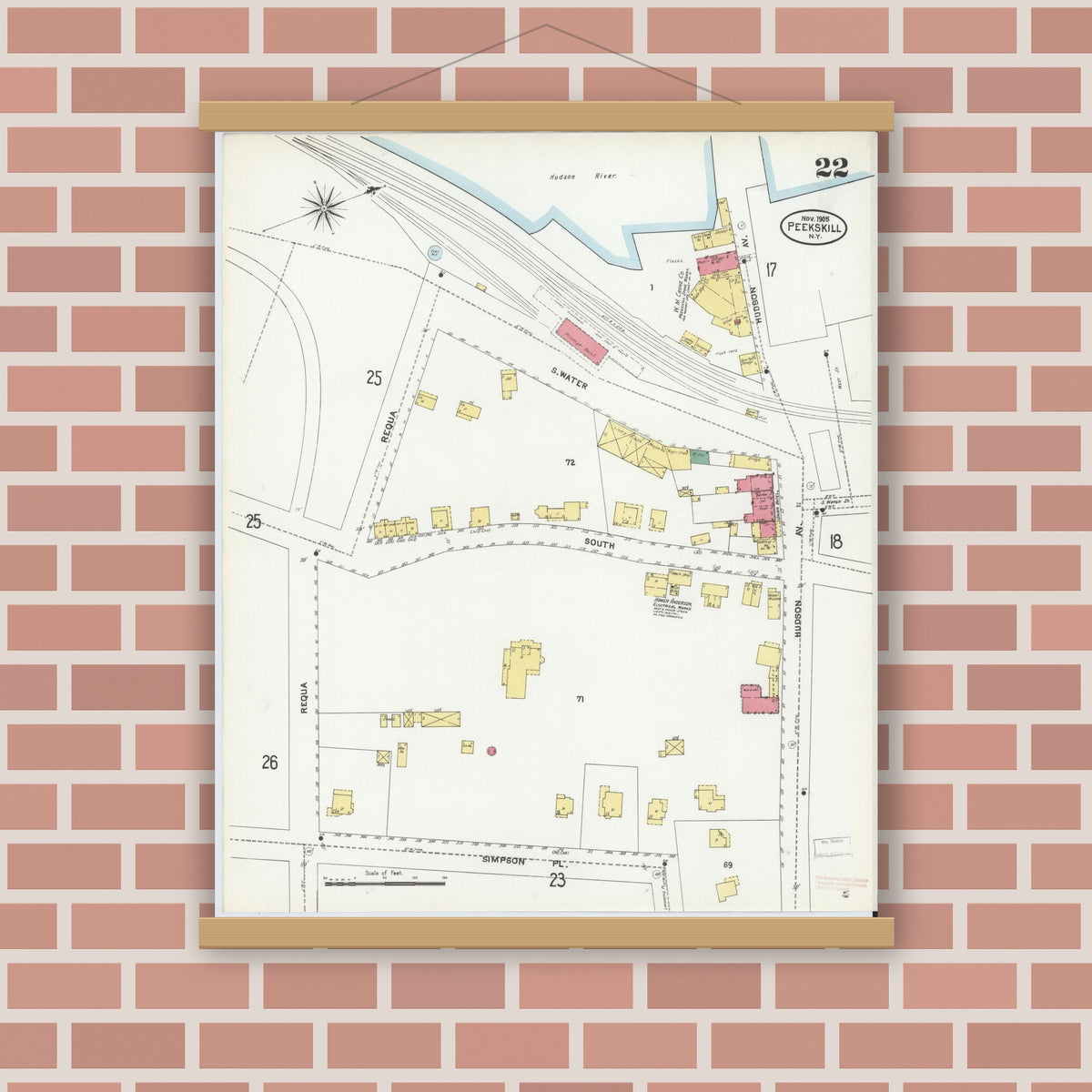 Old map wall art mockup — magnetic wood frame on brick wall — Sanborn Fire Insurance Map from Peekskill, Westchester County, New York (1905), Sheet #0022