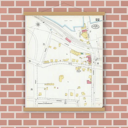 Old map wall art mockup — magnetic wood frame on brick wall — Sanborn Fire Insurance Map from Peekskill, Westchester County, New York (1905), Sheet #0022