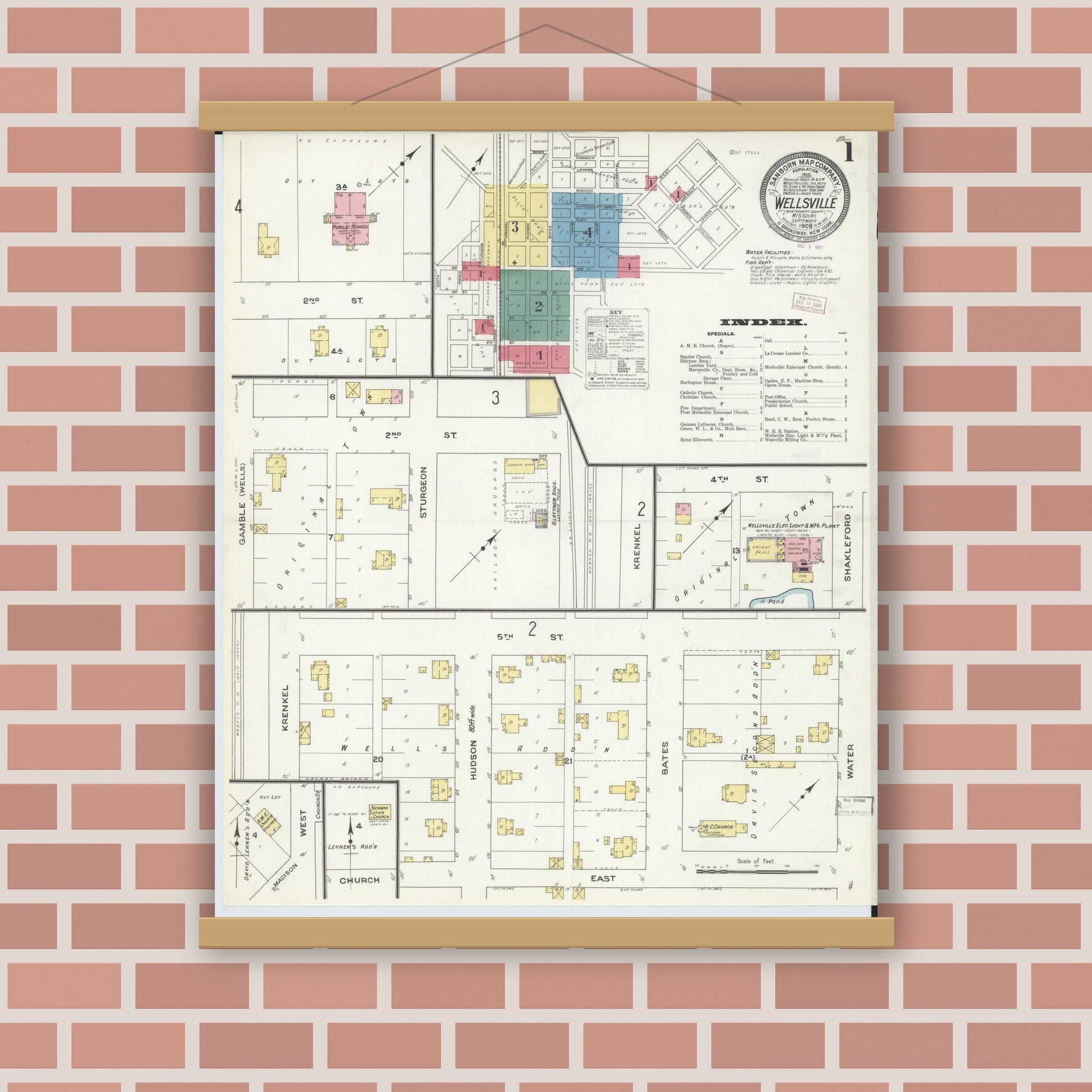 Old map wall art mockup — magnetic wood frame on brick wall — Sanborn Fire Insurance Map from Wellsville, Montgomery County, Missouri (1909) - Complete Map Set