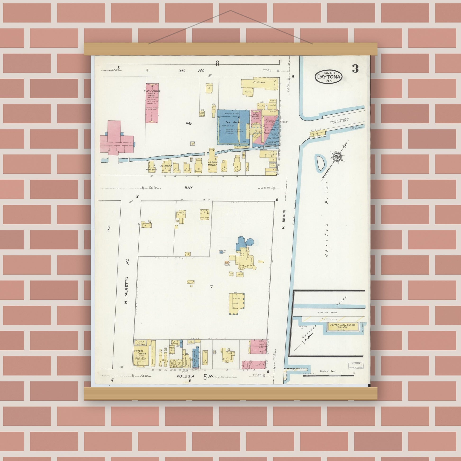 Old map wall art mockup — magnetic wood frame on brick wall — Sanborn Fire Insurance Map from Daytona, Volusia County, Florida (1916), Sheet #0003