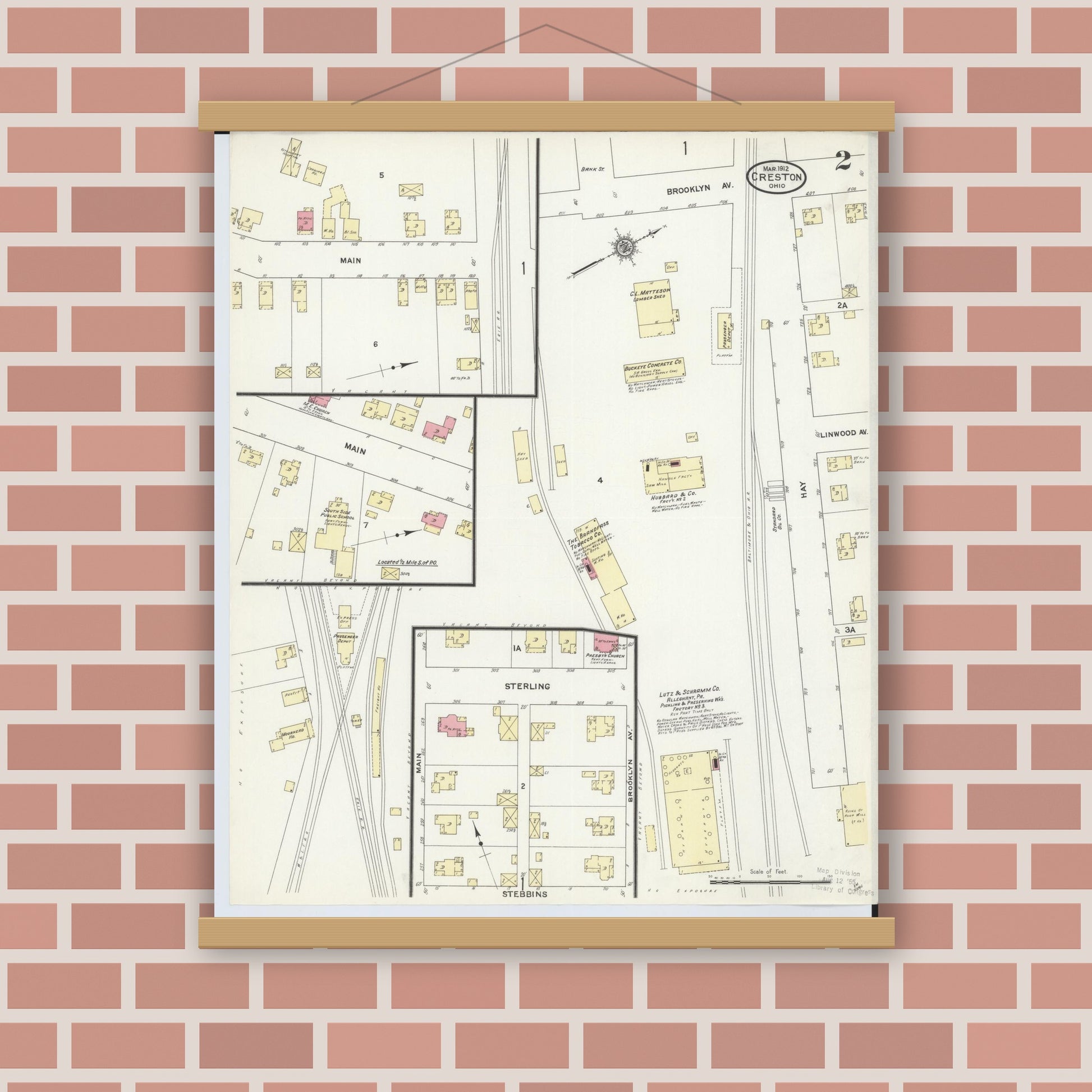 Old map wall art mockup — magnetic wood frame on brick wall — Sanborn Fire Insurance Map from Creston, Wayne County, Ohio (1912), Sheet #0002