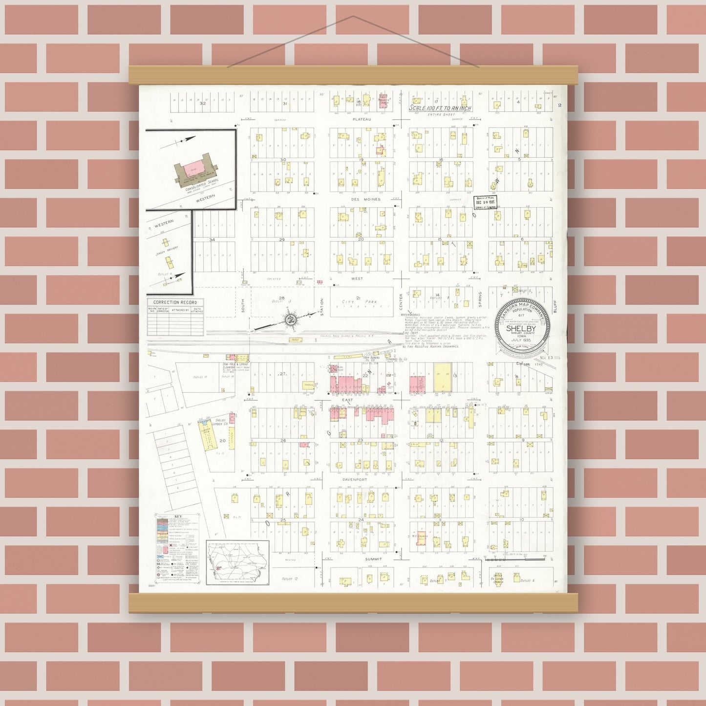 Old map wall art mockup — magnetic wood frame on brick wall — Sanborn Fire Insurance Map from Shelby, Shelby County, Iowa (1935), Sheet #0001