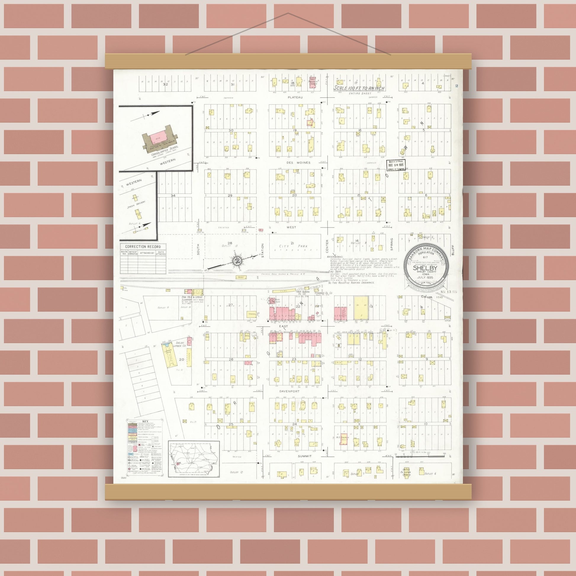Old map wall art mockup — magnetic wood frame on brick wall — Sanborn Fire Insurance Map from Shelby, Shelby County, Iowa (1935), Sheet #0001