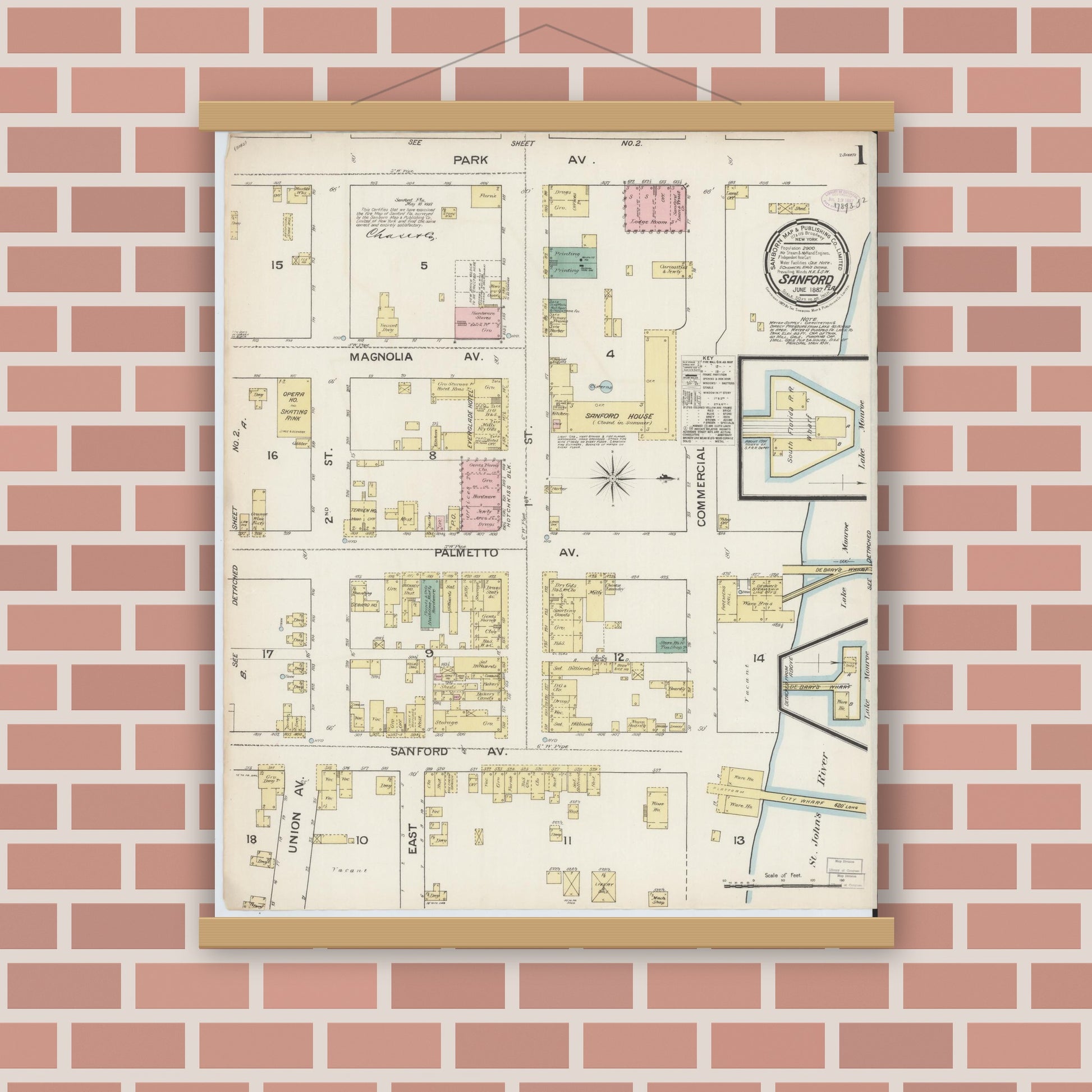 Old map wall art mockup — magnetic wood frame on brick wall — Sanborn Fire Insurance Map from Sanford, Seminole County, Florida (1887), Sheet #0001