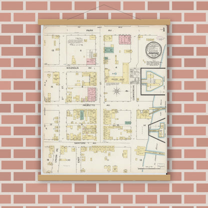 Old map wall art mockup — magnetic wood frame on brick wall — Sanborn Fire Insurance Map from Sanford, Seminole County, Florida (1887), Sheet #0001