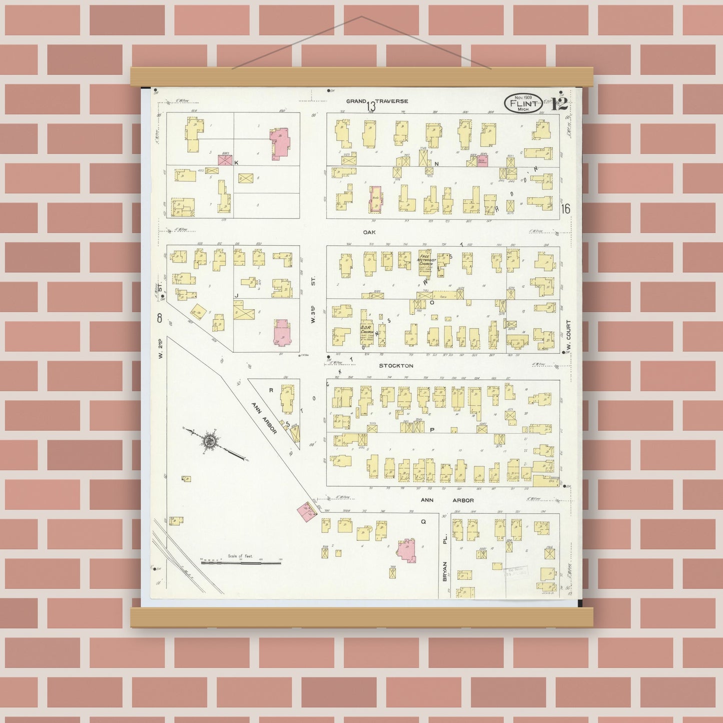 Old map wall art mockup — magnetic wood frame on brick wall — Sanborn Fire Insurance Map from Flint, Genesee County, Michigan (1909), Sheet #0012