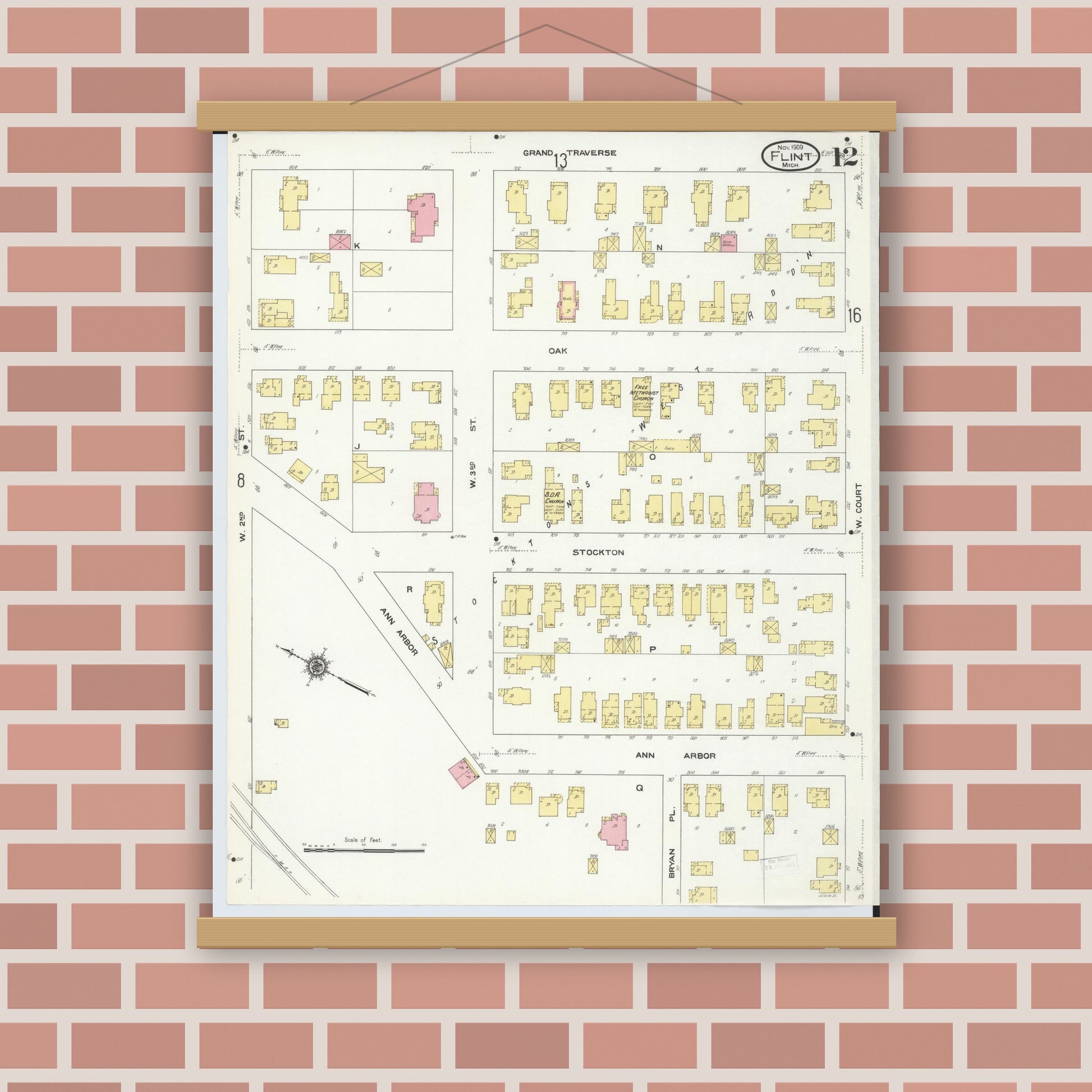 Old map wall art mockup — magnetic wood frame on brick wall — Sanborn Fire Insurance Map from Flint, Genesee County, Michigan (1909), Sheet #0012