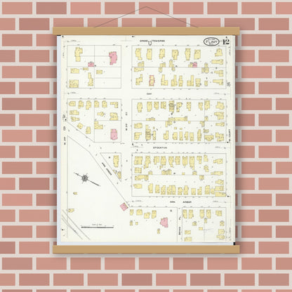Old map wall art mockup — magnetic wood frame on brick wall — Sanborn Fire Insurance Map from Flint, Genesee County, Michigan (1909), Sheet #0012