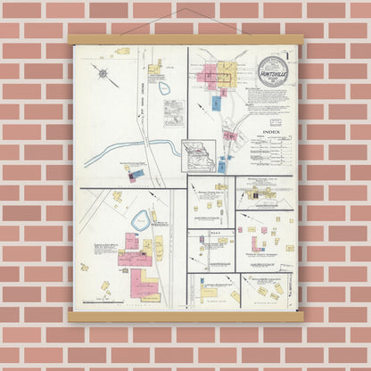 Old map wall art mockup — magnetic wood frame on brick wall — Sanborn Fire Insurance Map from Huntsville, Randolph County, Missouri (1916), Sheet #0001