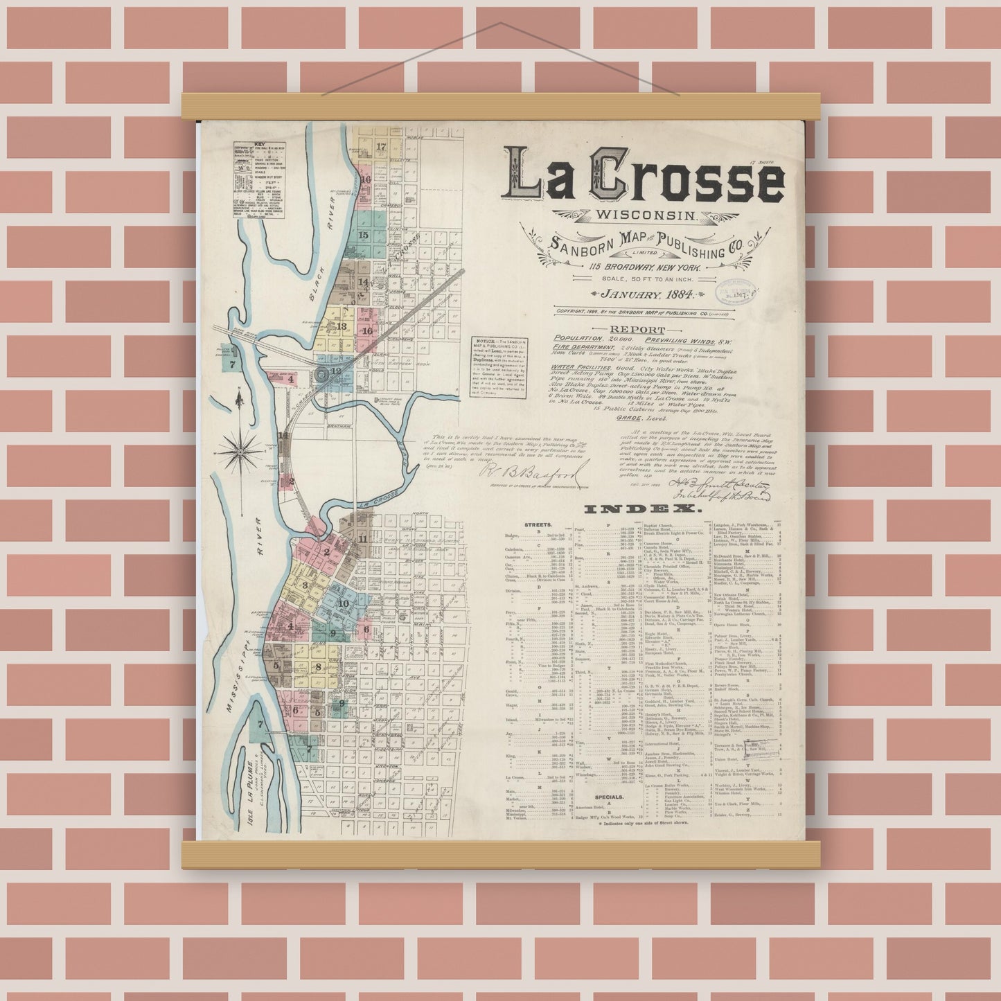 Old map wall art mockup — magnetic wood frame on brick wall — Sanborn Fire Insurance Map from La Crosse, La Crosse County, Wisconsin (1884) - Complete Map Set
