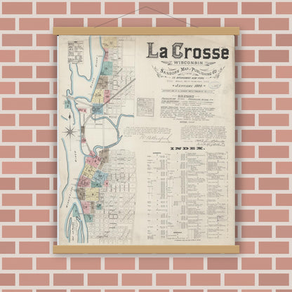 Old map wall art mockup — magnetic wood frame on brick wall — Sanborn Fire Insurance Map from La Crosse, La Crosse County, Wisconsin (1884) - Complete Map Set