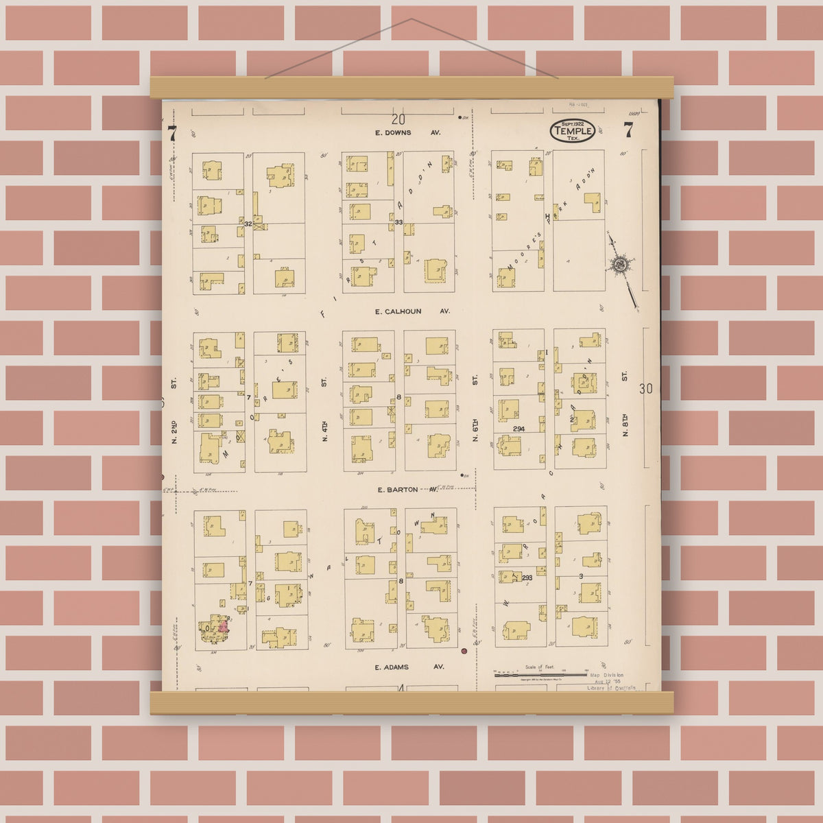 Old map wall art mockup — magnetic wood frame on brick wall — Sanborn Fire Insurance Map from Temple, Bell County, Texas (1922), Sheet #0007