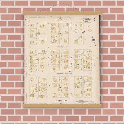 Old map wall art mockup — magnetic wood frame on brick wall — Sanborn Fire Insurance Map from Temple, Bell County, Texas (1922), Sheet #0007