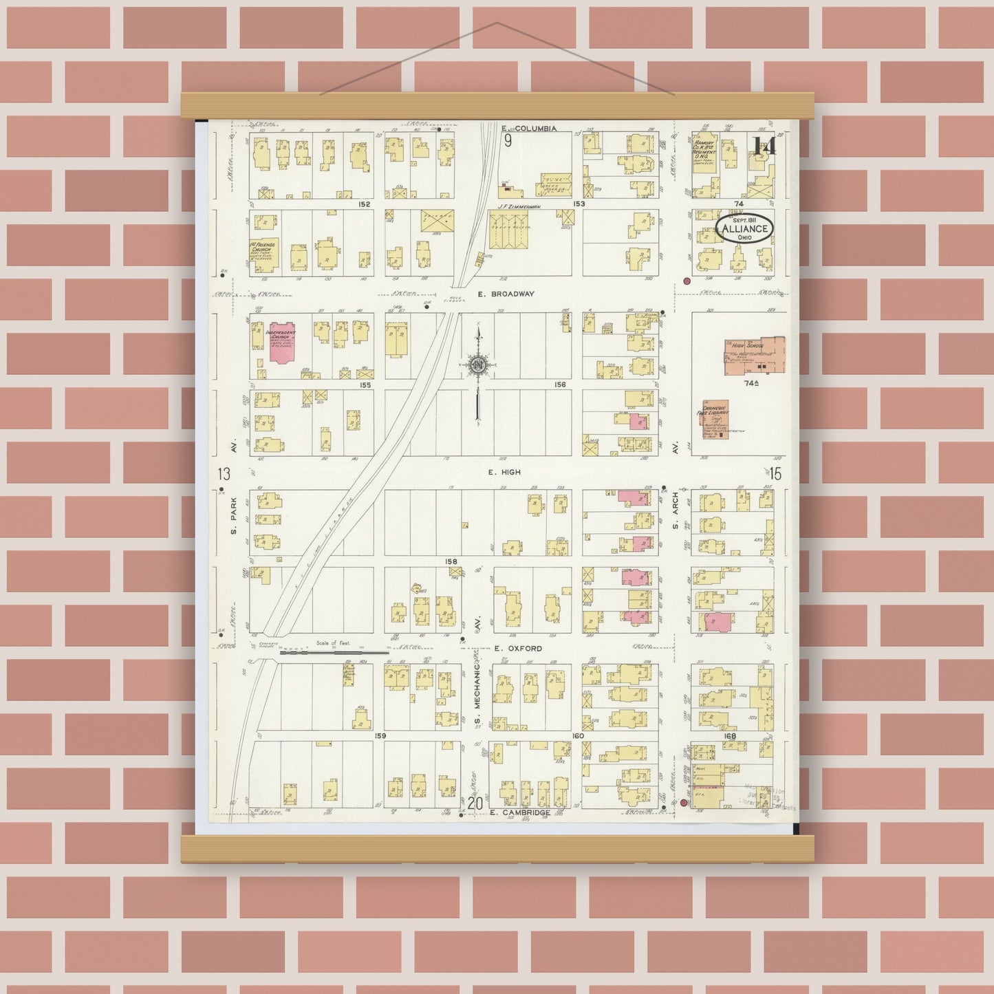 Old map wall art mockup — magnetic wood frame on brick wall — Sanborn Fire Insurance Map from Alliance, Stark County, Ohio (1911), Sheet #0014