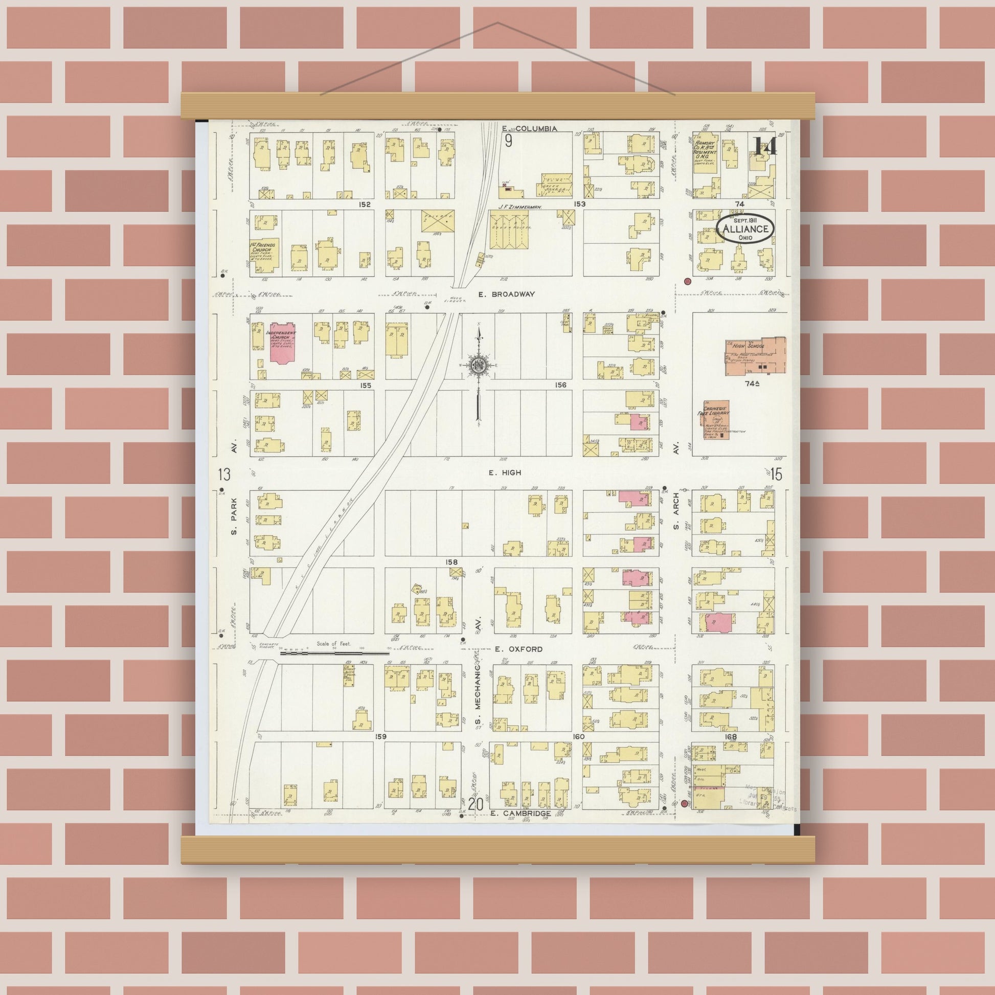 Old map wall art mockup — magnetic wood frame on brick wall — Sanborn Fire Insurance Map from Alliance, Stark County, Ohio (1911), Sheet #0014